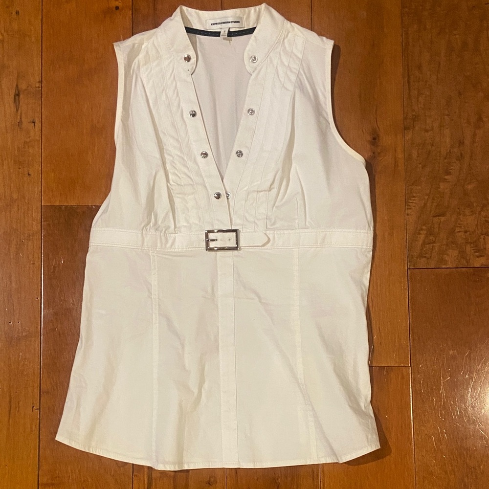 Express White Sleeveless Blouse with Belt Detail